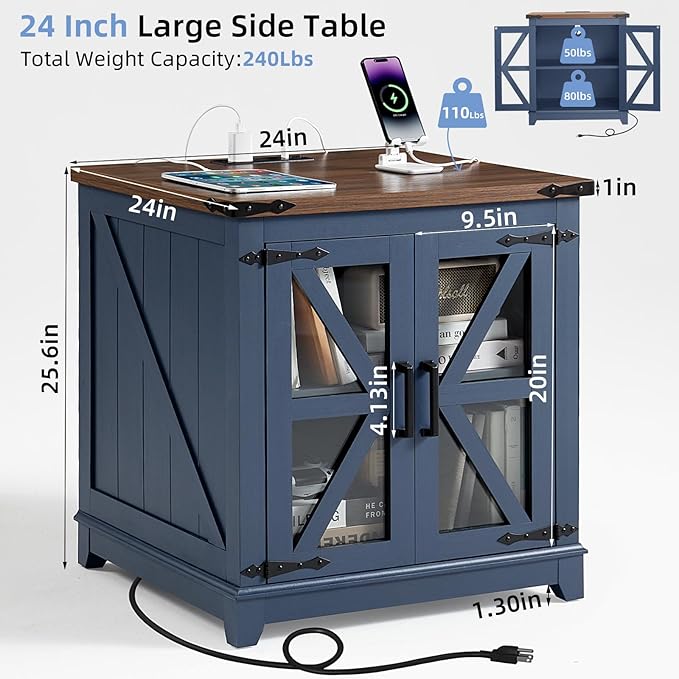 Farmhouse End Table with Charging Station, 24" Large Sofa Side Table with Glass Barn Door, Blue Nightstand with Adjustable Storage Shelf,Wood Square Bedside Table for Living Room,Bedroom