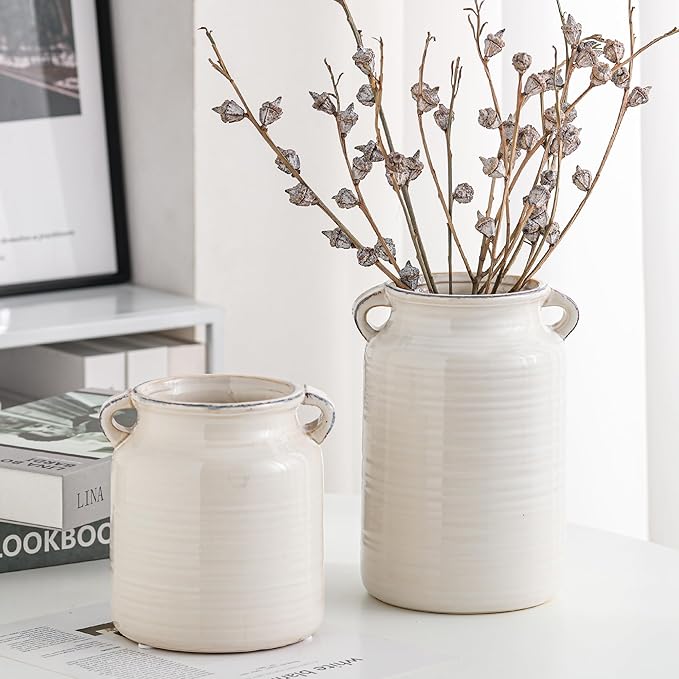 Ceramic Rustic Distressed White Flower Vase for Centerpieces, Kitchen, Office or Living Room (5.9''x6.3”)