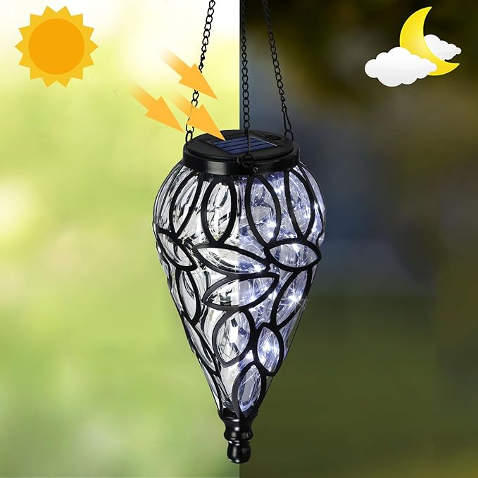 SUNNYPARK Outdoor Plastic Solar Hanging Lantern, 15 Cool White LEDs Twinkle Effect Tear-Shaped Hanging Lantern Decor Garden Decorative Solar Lights for Backyard, Patio and Lawn