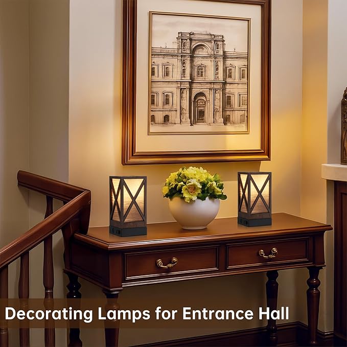 Table Lamp, Set of 2 Rustic Farmhouse Nightstand Lamps, 3 Color Temperatures Desk Lamp with USB Charging Ports AC Outlet Vintage Lamp for Living Room Bed Room, Brown Tiger Pattern