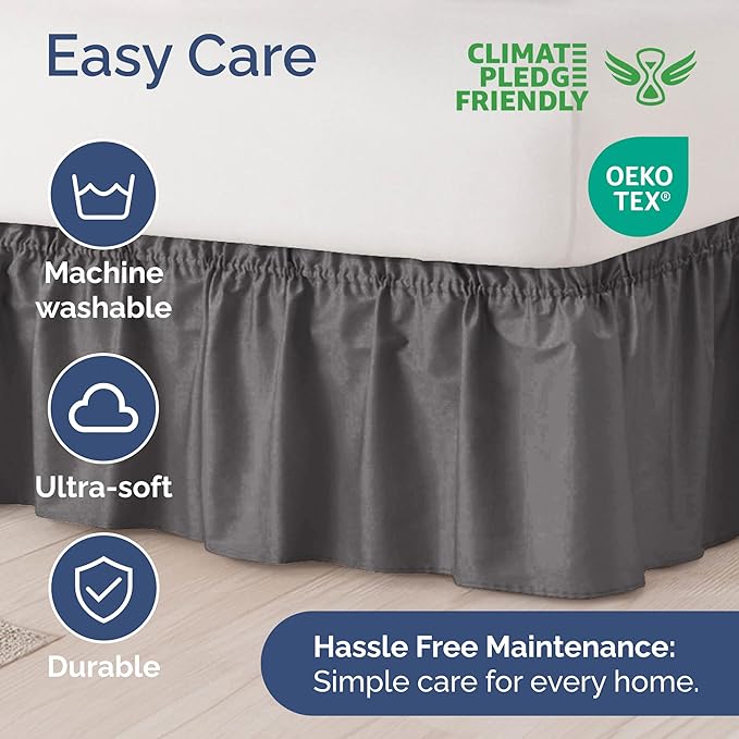 Wrap Around Dust Ruffle Bed Skirt - Dark Grey - for Queen Size Beds with 15 Inch Drop - Elastic Strap - Adjustable Pleated Bedskirt with Brushed Fabric and Wrinkle Free - for Women, Men, Kids & Teens
