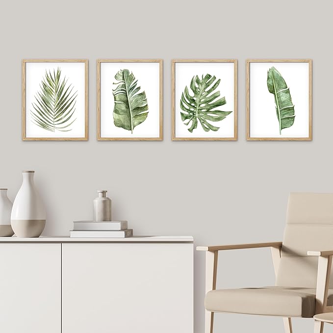 SIGNWIN Framed Banana Palm Monstera Leaf Wall Art, Set of 4 Green Pastel Wall Decor Prints, Nature Wilderness Wall D¨¦cor for Living Room, Bedroom - 12"x16" Natural