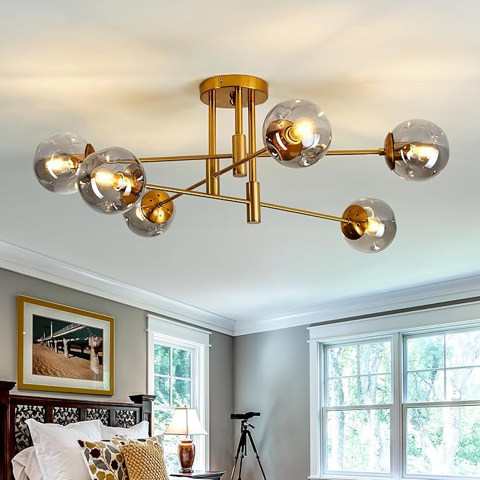 SZXYKEJI 6-Lights Glass Globe Chandelier Modern Flush Mount Ceiling Light Fixture Gold Farmhouse Lighting for Dining Room Living Room Bedroom Kitchen Passageway.
