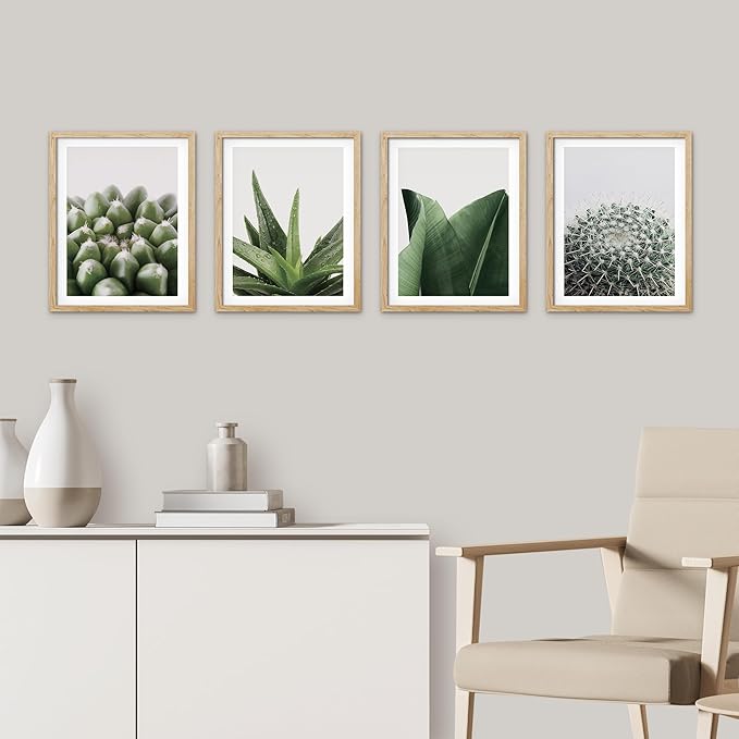 SIGNWIN Framed Tropical Island Wall Art, Set of 4 Green Desert Plant Cactus Snake Plant Wall Decor Prints, Nature Wilderness Wall Décor for Living Room, Bedroom - 11"x14"Natural