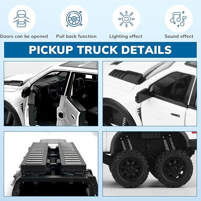 Pickup Truck Toy 1/24 Diecast Trucks Mammoth Model Car Kits,Metal Toy Truck Suitable for Kids and Car Collection,Pull Back Cars with Light and Sound,Trucks for Kids Ages 4-8（White）