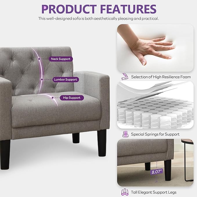 TYBOATLE Accent Chairs Set of 2 Comfy Living Room Chair Tufted Mid Century Modern Accent Chair, Cozy Upholstered Reading Arm Chair for Office, Bedroom (Light Grey, Set of 2)