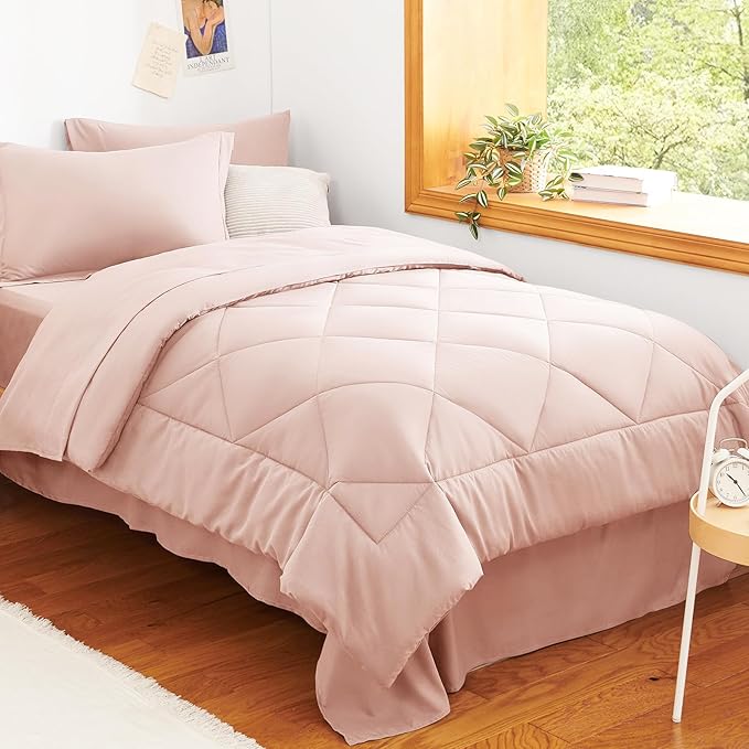 CozyLux Twin XL Comforter Set Blush Pink - 5 Pieces Twin Extra Long Bed in a Bag for College Dorm, All Season Bedding Set for Girls and Boys, Soft Bed Set with Comforter, Sheets, Pillowcase & Sham