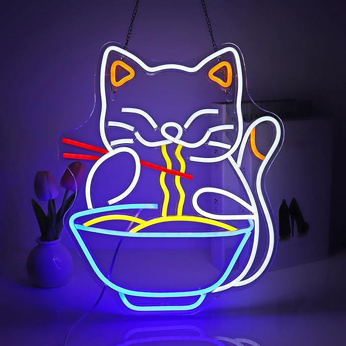 Neon Sign, Cat Ramen Neon Signs for Wall Decor Neon LED Signs Room Neon Light Up Signs Home Decor for Business Restaurant Bedroom Club Party Bars Shop Decoration USB Operated