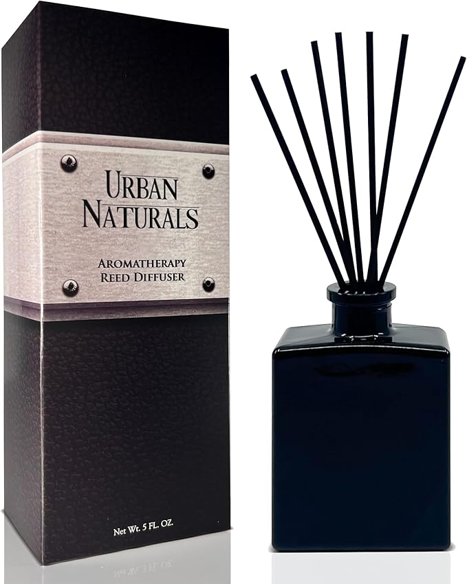 Urban Naturals Oud & Citrus Reed Diffuser Set – Made with Essential Oils – Citrus, Oud, Cedar, Amber & Wood Notes – 5 Ounce Sleek Black Rectangular Refillable Glass Bottle – Made in The USA