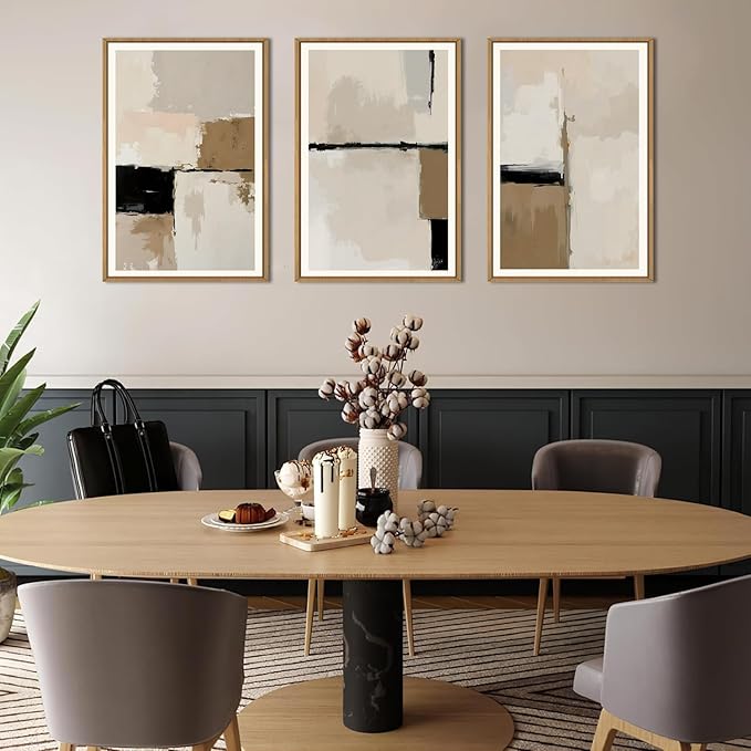 HPINUB Large Modern Abstract Framed Canvas Wall Art Set,Geometric Line Black White and Beige Textured Wall decor Neutral Gray Minimalist Art Print for Living Room,Bedroom,Dining Room,Office -16"x24"x3
