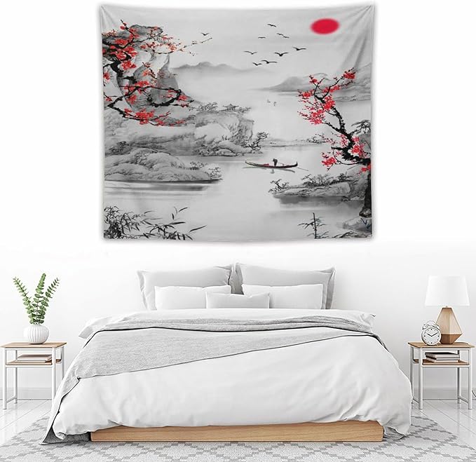 Cherry Blossoms Tapestry,Japanese Red Landscape Watercolor Abstract Art Tapestry,Asian Japanese Wall Tapestry, Nature Landscape Tapestries for Bedroom Living Room Decor 60"x50"
