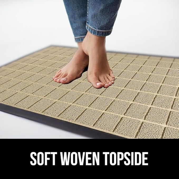 GORILLA GRIP 100% Waterproof All-Season WeatherMax Doormat US Designed Natural Rubber, Stain and Fade Resistant, Low Profile Indoor Outdoor Door Mats, Easy Clean Patio Mat, 17x29, Taupe Grid