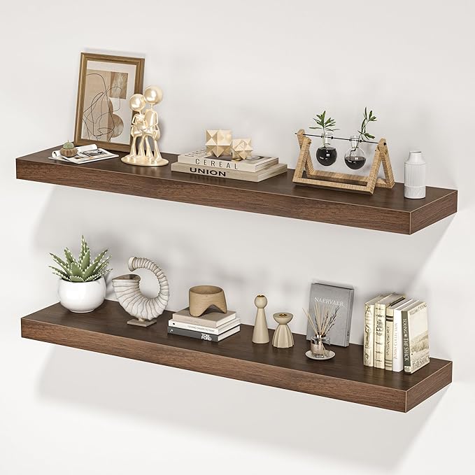 Floating Shelves for Wall, 40" W x 8" D x 1.5" H, Wooden Wall Mounted Display Shelves with Invisible Brackets for Living Room, Bedroom, Bathroom, Kitchen Decor and Storage, Set of 2, Walnut
