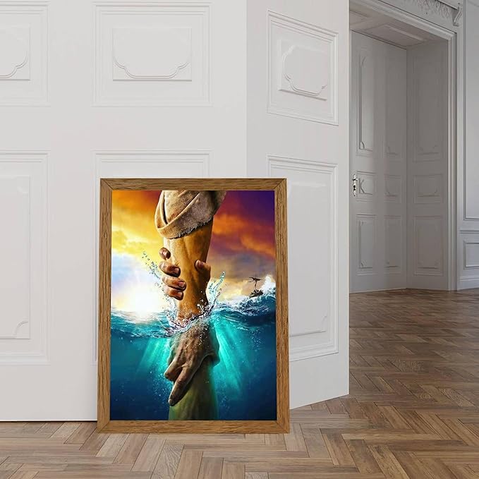 Solid wood Framed Jesus Christ Canvas Wall Art The Hand of God Jesus Reaching Into Water Christian Painting Prints Biblical Wall Decor Religious Room Decor for Church Prayer Room Schools 16'' x 24''