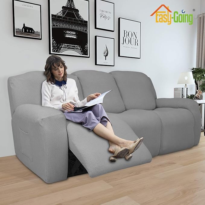 Easy-Going 8 Pieces Recliner Sofa Stretch Sofa Slipcover Sofa Cover Furniture Protector Couch Soft with Elastic Bottom Kids, Spandex Jacquard Fabric Small Checks Light Gray