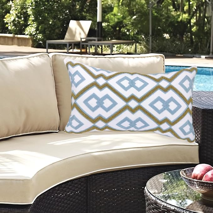 Alysheer Embroidered Lumbar Decorative Throw Pillow Cover 12"x 20", Classic Boho Geometric Embroidery Pattern Cotton Rectangular Cushion Case for Sofa Couch Living Room Bedroom (Blue Khaki)