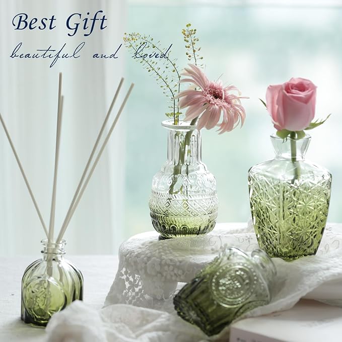 Bud Vases Set of 12,Glass Bud Vases in Bulk,Small Flower Vases for Centerpieces,Mini Vintage Vase for Wedding, Home Table Decor,Christmas,Party Decoration,Green