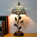 Small Tiffany Lamp Stained Glass Table Lamp Metal Leaf Accent Desk Memory Lamp Sympathy 8X20 Inch (Sea Blue Dragonfly Style)