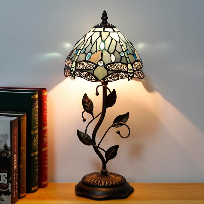 Small Tiffany Lamp Stained Glass Table Lamp Metal Leaf Accent Desk Memory Lamp Sympathy 8X20 Inch (Sea Blue Dragonfly Style)