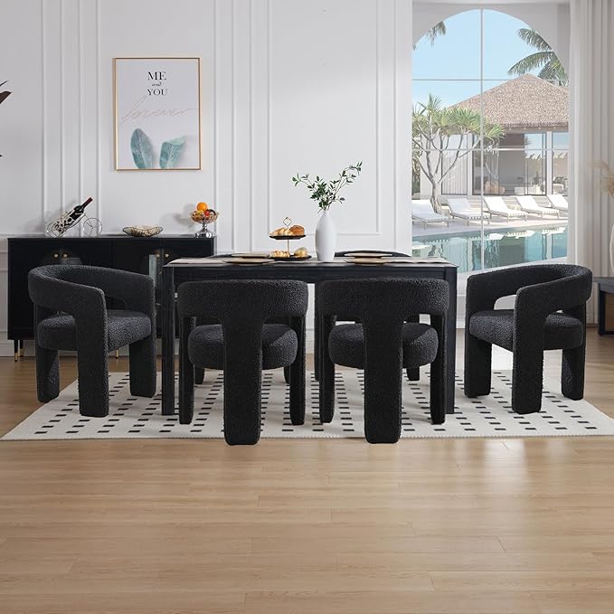 Black Sherpa Dining Chairs Set of 4, Modern Barrel Dining Room Chairs Upholstered Faux Fur Accent Chair with Arms and Round Back for Living Room Kitchen Armchair No Assembly Needed