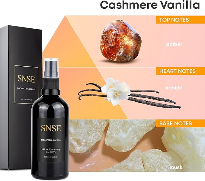 SNSE Cashmere Vanilla Spray for Home and Auto | 3.38 oz | Scent Spray for Home, Textiles, Linens, Auto