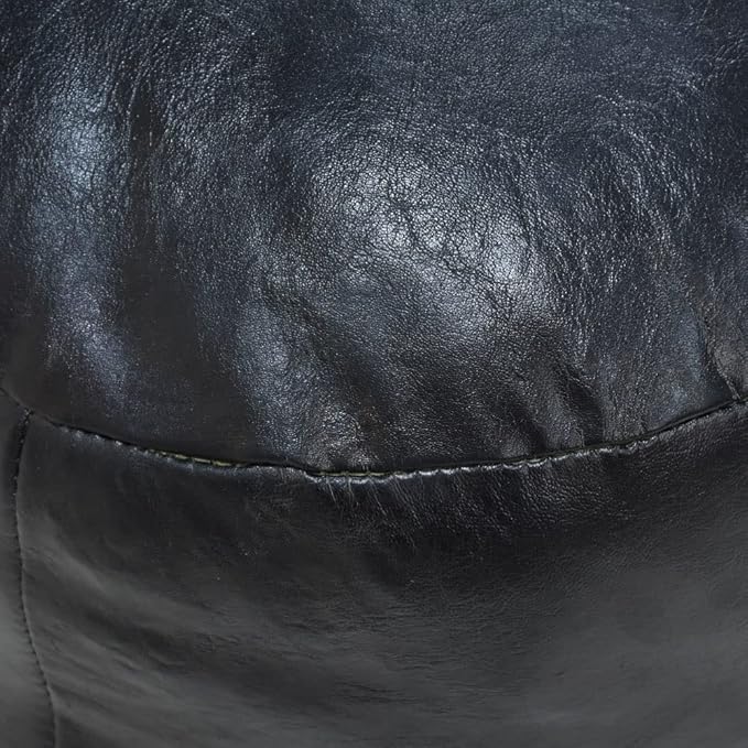 Round Shaped Goat Leather Handmade Eco-Friendly Black Pouf - 16"x16"x16", Plain Solid, Recycled Foam With Fibre Fill Stuffed, Leather Seating PF12