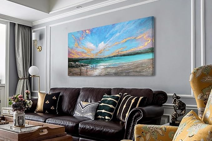 Arjun Ocean Teal Wall Art Canvas Coastal Beach Painting Blue Turquoise Landscape Sunset Picture, Panoramic Gold Foil Textured Large Artwork Framed for Living Room Bedroom Bathroom Wall Decor 48"x24"