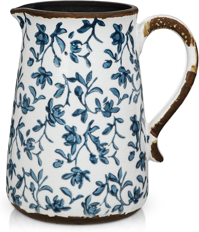 Ceramic Rustic Farmhouse Vase, 7.9" Blue and White Vase for Centerpieces Chinoiserie Vases Pottery Jug with Handle Chinoiserie French Country Decor Vintage Vases for Living Room Kitchen Dinner Table