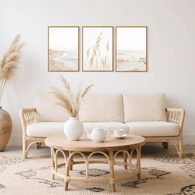 HPNIUB Modern Beach Artwork Seascape Wall Art, Seaside Framed Painting Reed Pathway Picture, Minimalist Neutral Coastal Landscape Wall Decor for Living Room,Bathroom -24'' x36'' x3