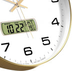 Wall Clock, 13" Dial Non-Ticking Silent Battery Operated Analog with LCD Display for Perpetual Calendar and F° Temperature, Ideal Modern Home, Bedroom, Kitchen, Office Decor (Gold)