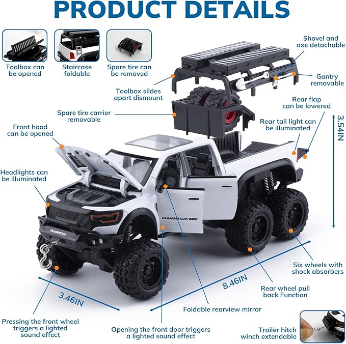 Pickup Truck Toy 1/24 Diecast Trucks Mammoth Model Car Kits,Metal Toy Truck Suitable for Kids and Car Collection,Pull Back Cars with Light and Sound,Trucks for Kids Ages 4-8（White）