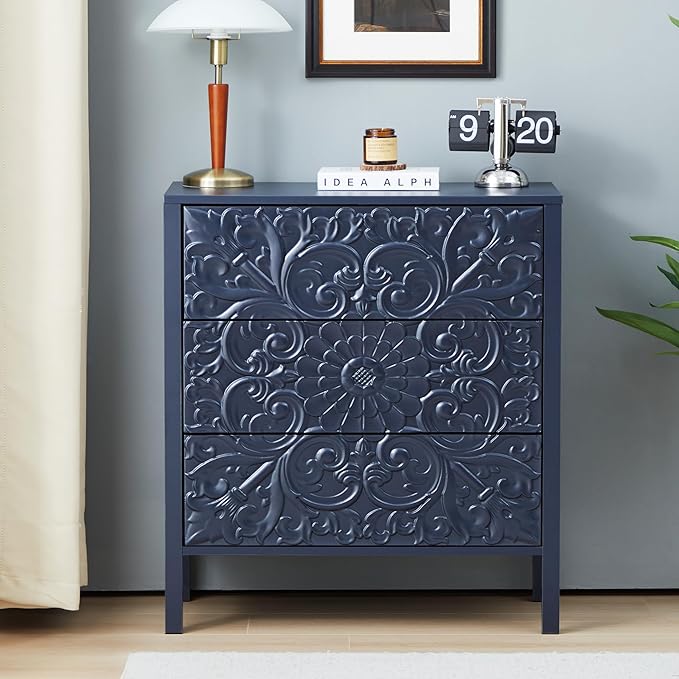 3 Drawer Flower Motif Dresser, Accent Dresser Chest with 3 Drawers, Luxury Nightstands Set of 2 for Bedroom, Small Wide Nightstand for Living Room, Bedroom, Entryway (2, Gray Blue)