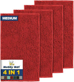 Muddy Mat® 4-Piece Red Medium 30"X19" AS-SEEN-ON-TV Highly Absorbent Microfiber Door Mat, Bath Mat and Pet Rug, Non Slip Thick Washable, Soft Chenille for Kitchen Bathroom Bedroom Indoor and Outdoor