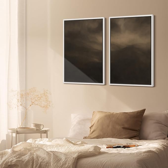 SIGNFORD Framed Canvas Print Wall Art Set Moody Misty Landscape Soft Brown and Gray Hues Illustration Modern Art Decorative Nordic Nature for Living Room, Bedroom, Office - 24"x36"x2 White