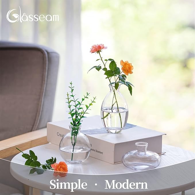 Glasseam Clear Glass Bud Vase, 3Pcs/Set Modern Decorative Small Mini Flowers Vases Short Minimalist Aesthetic Home Decor Vintage Cute Handmade Tiny Wedding Table Centerpieces for Single Flower Rose