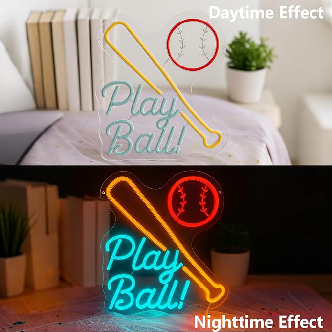 Baseball Neon Sign for Wall Decor, LED Neon Lights for Bedroom, Game Room, Man Cave, Bar, Teen Room, Boys Room, Girls Room, Baseball Bat and Ball Neon Wall Sign, Cool Baseball Room Decor, USB Powered LED Wall Light, 13.4" x 11.8" (Red+Yellow+Blue)