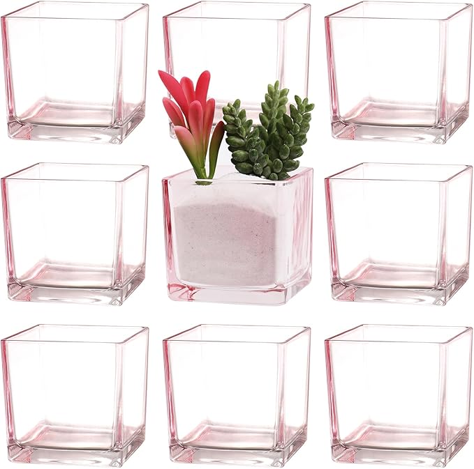 Square Flower Vases Set of 9, 3"x 3"x 3" Glass Vases for Centerpieces, Pink Vase for Flowers, Small Vase for Wedding, Party, Home Office Decoration