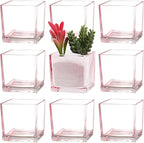 Square Flower Vases Set of 9, 3"x 3"x 3" Glass Vases for Centerpieces, Pink Vase for Flowers, Small Vase for Wedding, Party, Home Office Decoration