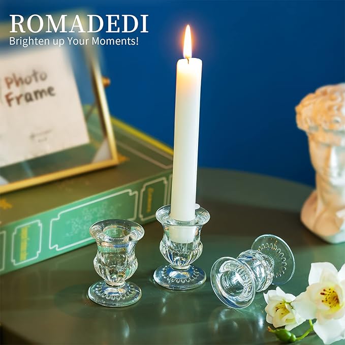 Romadedi Glass Taper Candle Holders - Clear Small Candlestick Holder Bulk, Thicker Glass Candle Sticks Set for Wedding Christmas Party Dining Table Table Centerpiece Decor, 2Pcs