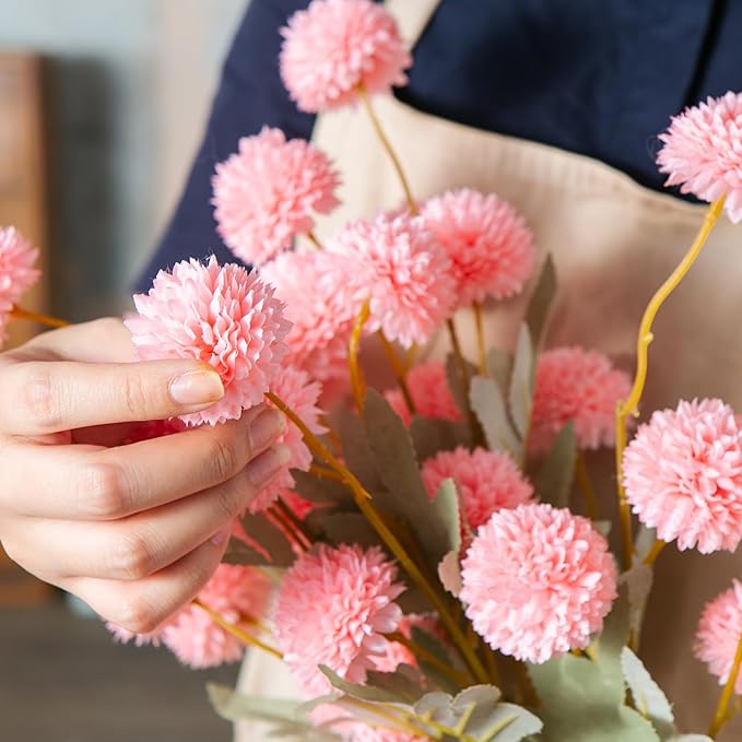 6 Artificial Silk Flowers + 3 Eucalyptus, Artificial Chrysanthemums with Stems for Home Decor, Pink