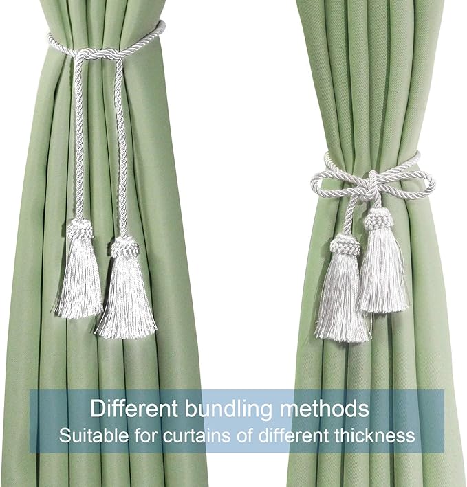 Fenghuangwu Curtain Tiebacks Handmade Decorative Curtain Holdbacks Rope with Tassel (White, 2P)