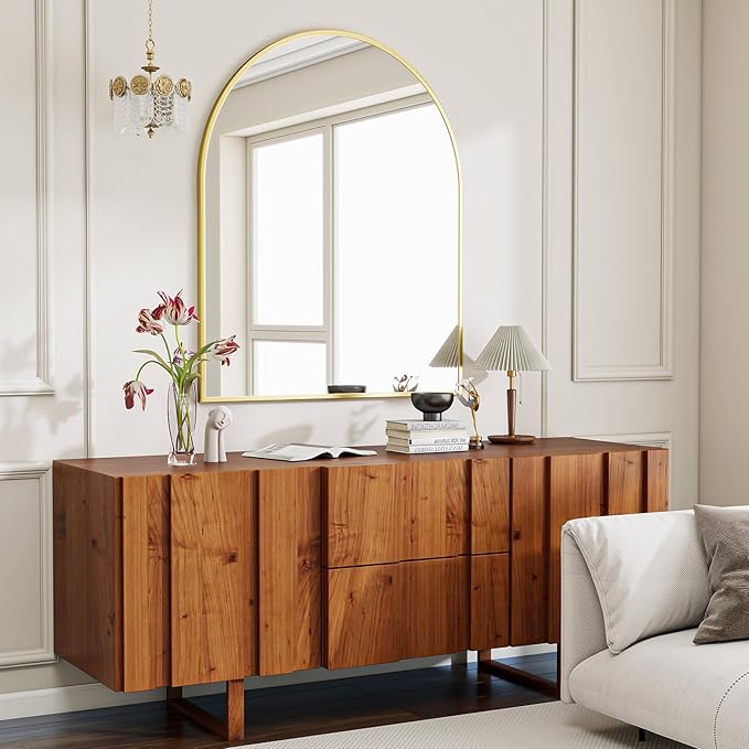 BEAUTYPEAK 32"x42" Arch Bathroom Mirror, Wall Mounted Vanity Metal Frame Mirror for Bedroom, Entryway, Living Room, Gold