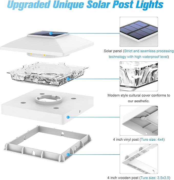 VOLISUN 4x4 Solar Post Cap Light 12pack,Solar Fence - Cap Lights Outdoor Waterproof for Wooden/Vinyl Post,White Deck Post Cap Light Solar Powered with Warm White for Garden/Patio/Porch