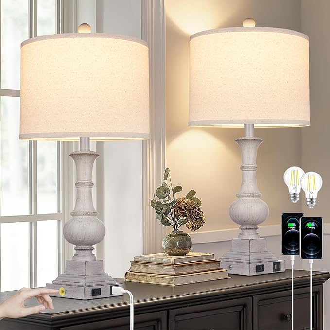 Farmhouse Lamps Set of 2, 26" Vintage Rustic Touch Control Bedside Lamp with USB A+C Ports & AC Outlet, 3-Way Dimmable Boho Nightstand Lamp Washed Resin Linen Fabric Shade for Living Room Bedroom Grey