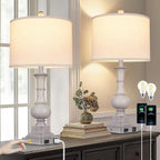 Farmhouse Lamps Set of 2, 26" Vintage Rustic Touch Control Bedside Lamp with USB A+C Ports & AC Outlet, 3-Way Dimmable Boho Nightstand Lamp Washed Resin Linen Fabric Shade for Living Room Bedroom Grey