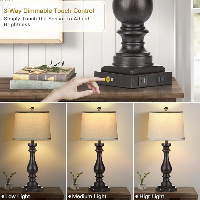 27.5" Tall Table Lamp for Living Room,Farmhouse Vintage Bedside Nightstand Lamp with USB C+A Ports & AC Outlet,3-Way Dimmable Touch Control Retro Black Lamp for Bedroom,Single Black