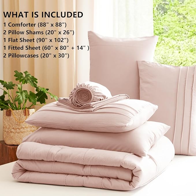 CozyLux Queen Comforter Set Blush Pink, 7 Pieces Soft Pinch Pleat Bed in a Bag Queen Comforter Set with Sheets, Boho Bed Set with Down Alternative Comforter, Sheets, Pillowcases & Shams
