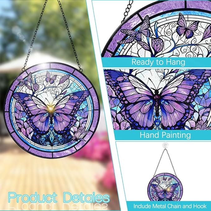 Butterfly Suncatcher Stained Glass Window Hanging - 8” Handmade Stained Glass Suncatchers for Windows Hanging - Sun Catchers Indoor Wall Art Garden Decor Catcher with Hook - Butterfly Gift for Women