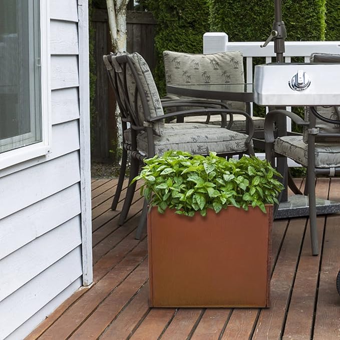 Corten Steel Planter Box Metal Planters Square Outdoor Steel Planter Cube Rustic Flower Pot 16 Inch Integral Durable Antique for Commercial Residential Garden Patio Deck and Backyard