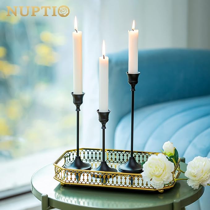 Nuptio Black Candle Holder Candlestick Holders 15 Pcs Candle Sticks Holder Metal Tapered Candle Holder, Taper Candle Holders for Wedding Christmas Party Celebration Mantel Dinner Home Decoration